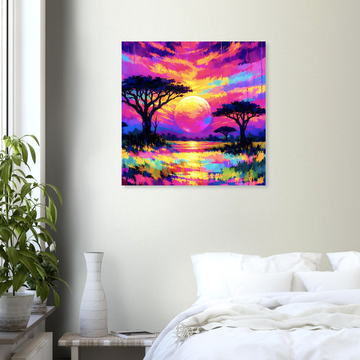 Quadratisches Landschaftsposter mit magentafarbenem Himmel, Sonne über Wasser und Baum-Silhouetten.