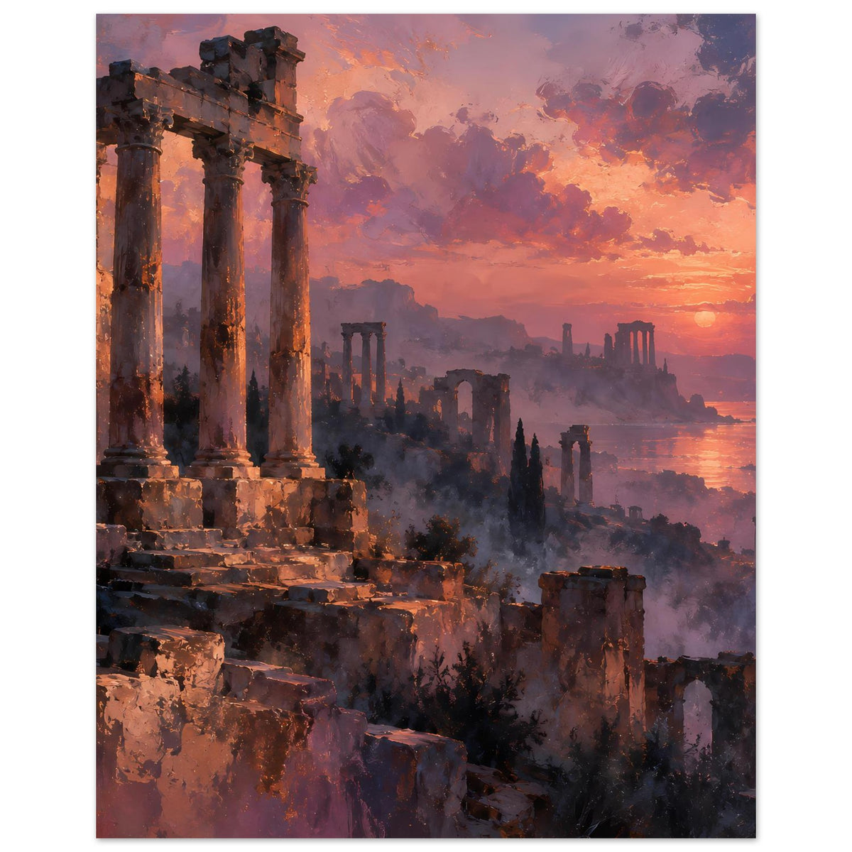 Poster mit Ruinen und Säulen im Sonnenuntergang, Wolken in Orange und Violett.