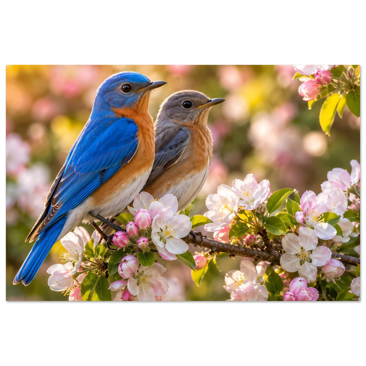 Poster mit zwei Singvögeln auf blühendem Ast, rosafarbene und weiße Blüten
