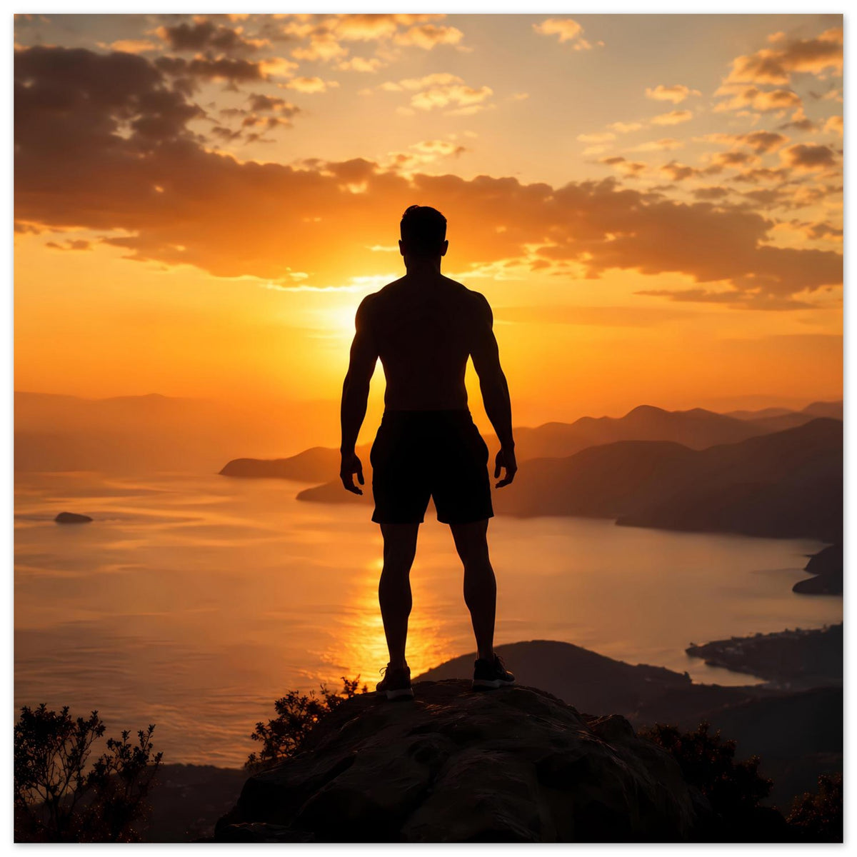 Vertikales Sonnenuntergang-Wandposter mit Silhouette eines Läufers auf felsigem Aussichtspunkt