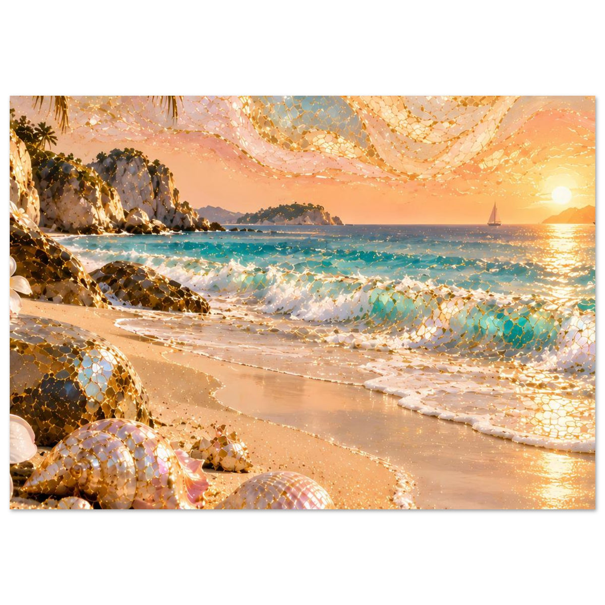 Horizontales Strandposter: Muscheln am Strand, goldene Mosaikakzente, Wellen bei Sonnenuntergang