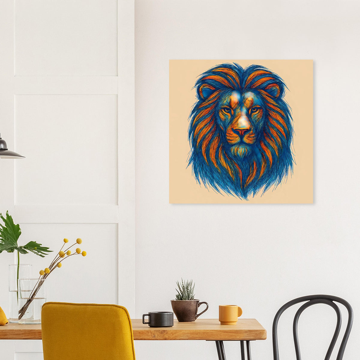 Löwenkopf-Poster mit blau-orangener Löwenmähne, quadratischer Druck auf beigem Grund