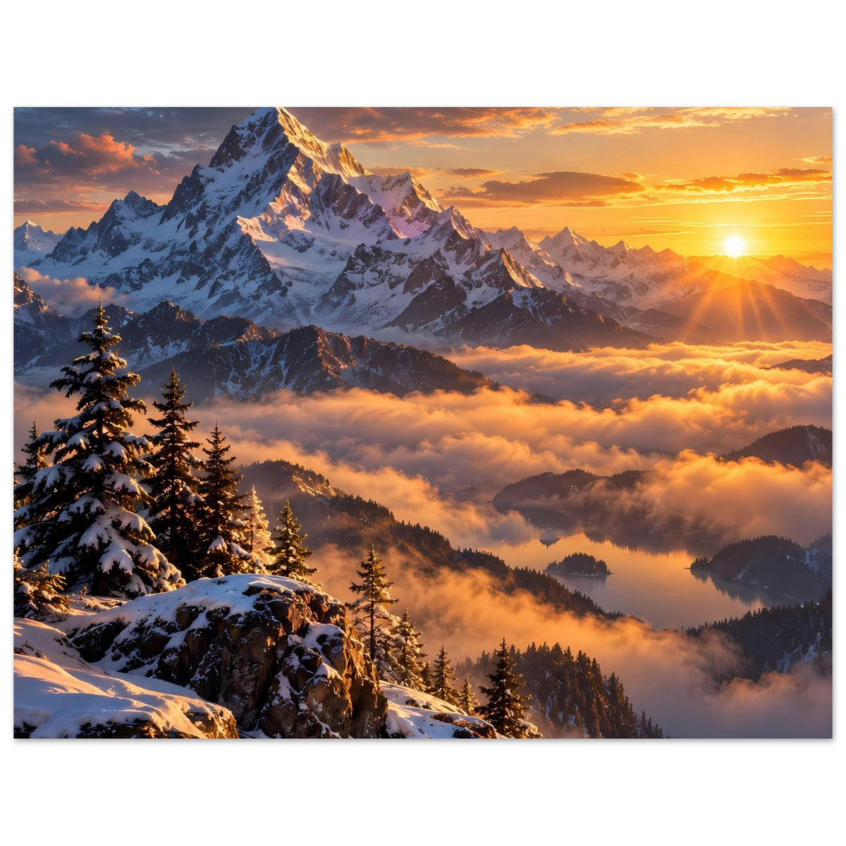 Poster mit schneebedecktem Berg, Tannenwald unten, warmes Licht und Sonnenflair über Wolken