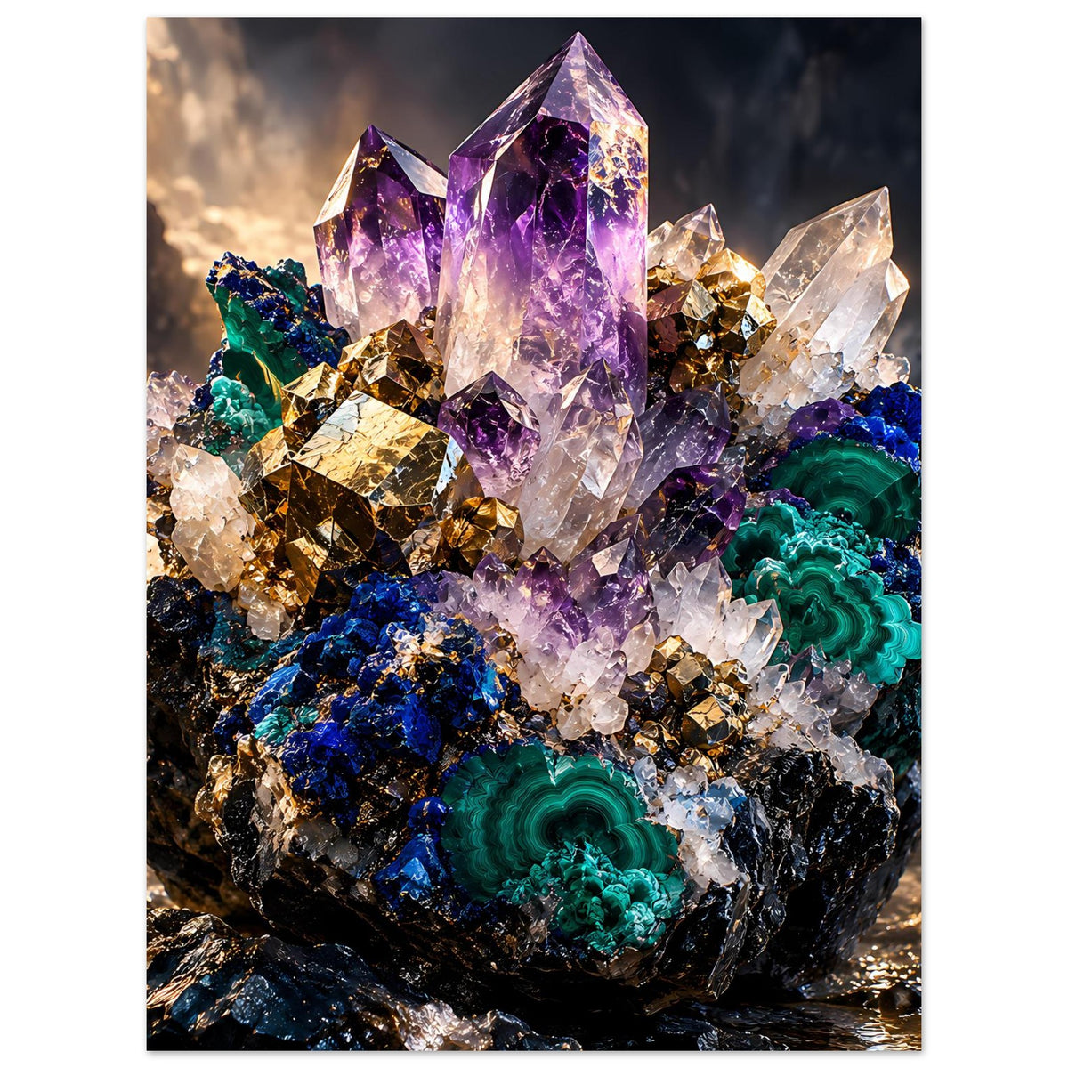 Kristallposter: violette Amethystspitzen, goldene Kristallflächen und türkisgrüne Malachit-Adern