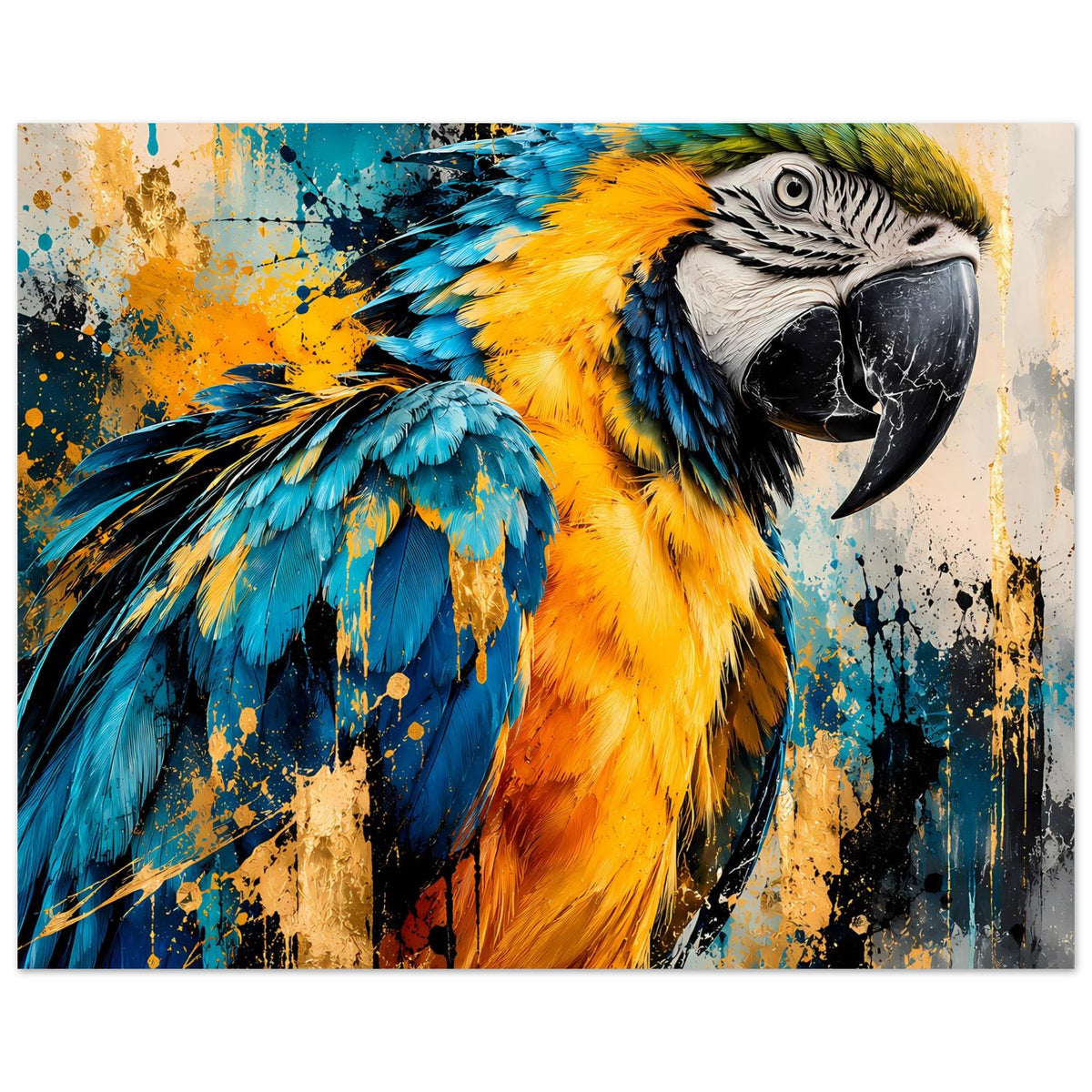 Papagei-Kunstposter im Querformat, Porträt mit gelbem Körper und blauem Flügel.