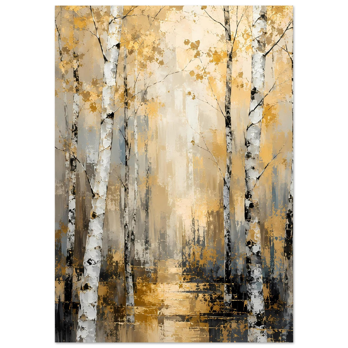 Kunstdruck Birkenwald im Hochformat: weiße Stämme mit dunklen Ästen, beige-goldene Akzente, gesprenkelt