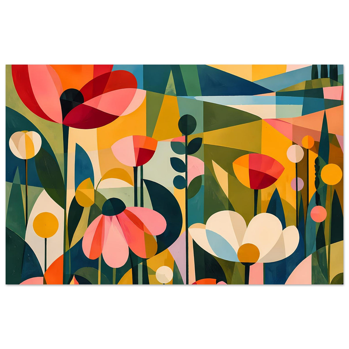 Abstraktes Blumenposter, naher Ausschnitt mit großen Blüten und warmen Farbfeldern