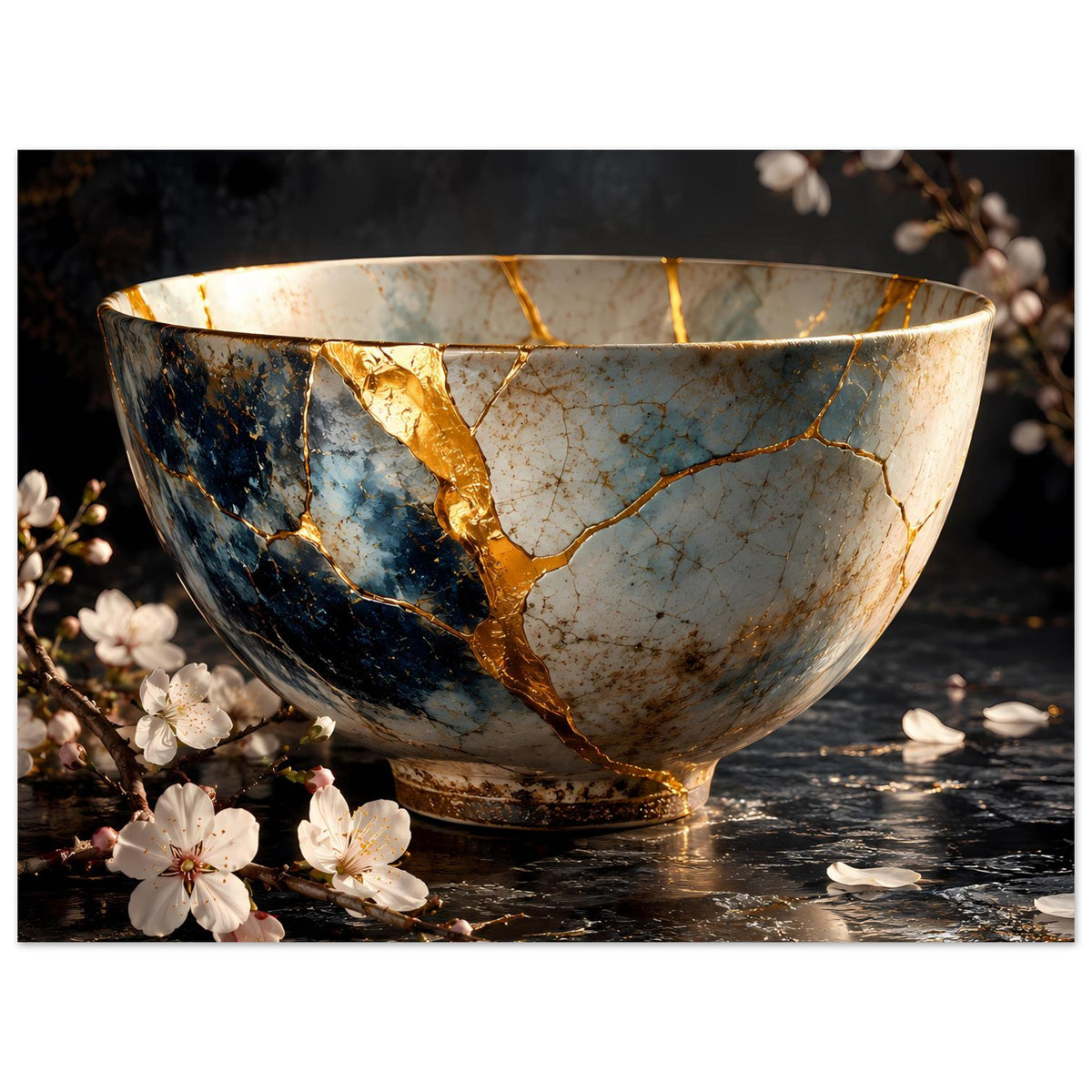 Poster mit großer Schale im Kintsugi-Look: goldene Risse, helles Blau, Blütenkranz