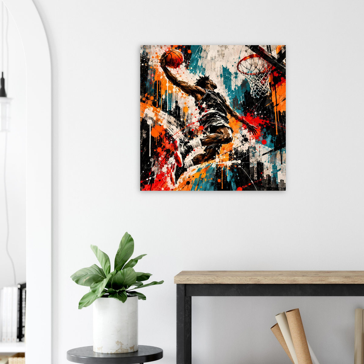 Basketball-Poster mit Splash-Art: Spieler greift nach Ball, Korb und Farbspritzer