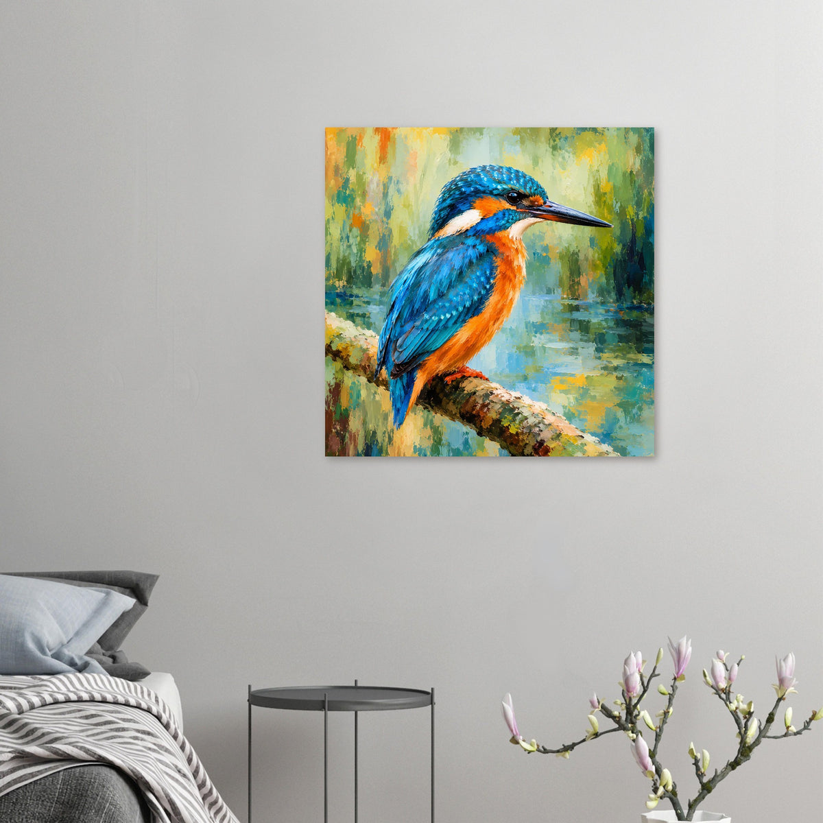 Vibrant Kingfisher Poster, Hochformat auf mattem Papier mit blauem Eisvogel auf Ast