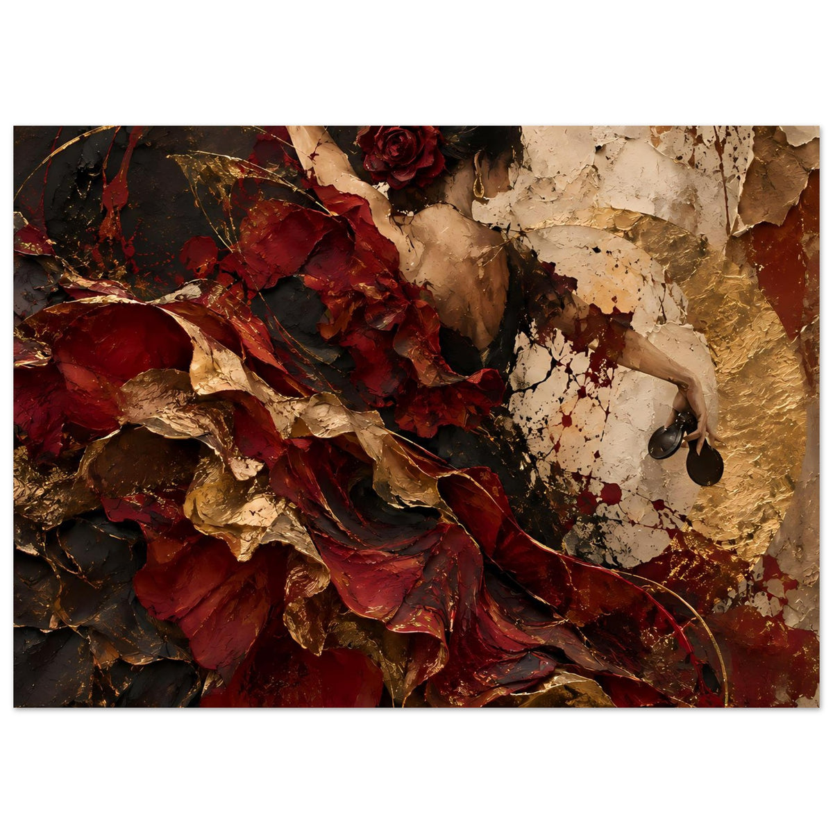 Wandkunstposter im Panoramaformat: Frauengesicht, rotes Kleid, rote Rose, goldene Rissstruktur