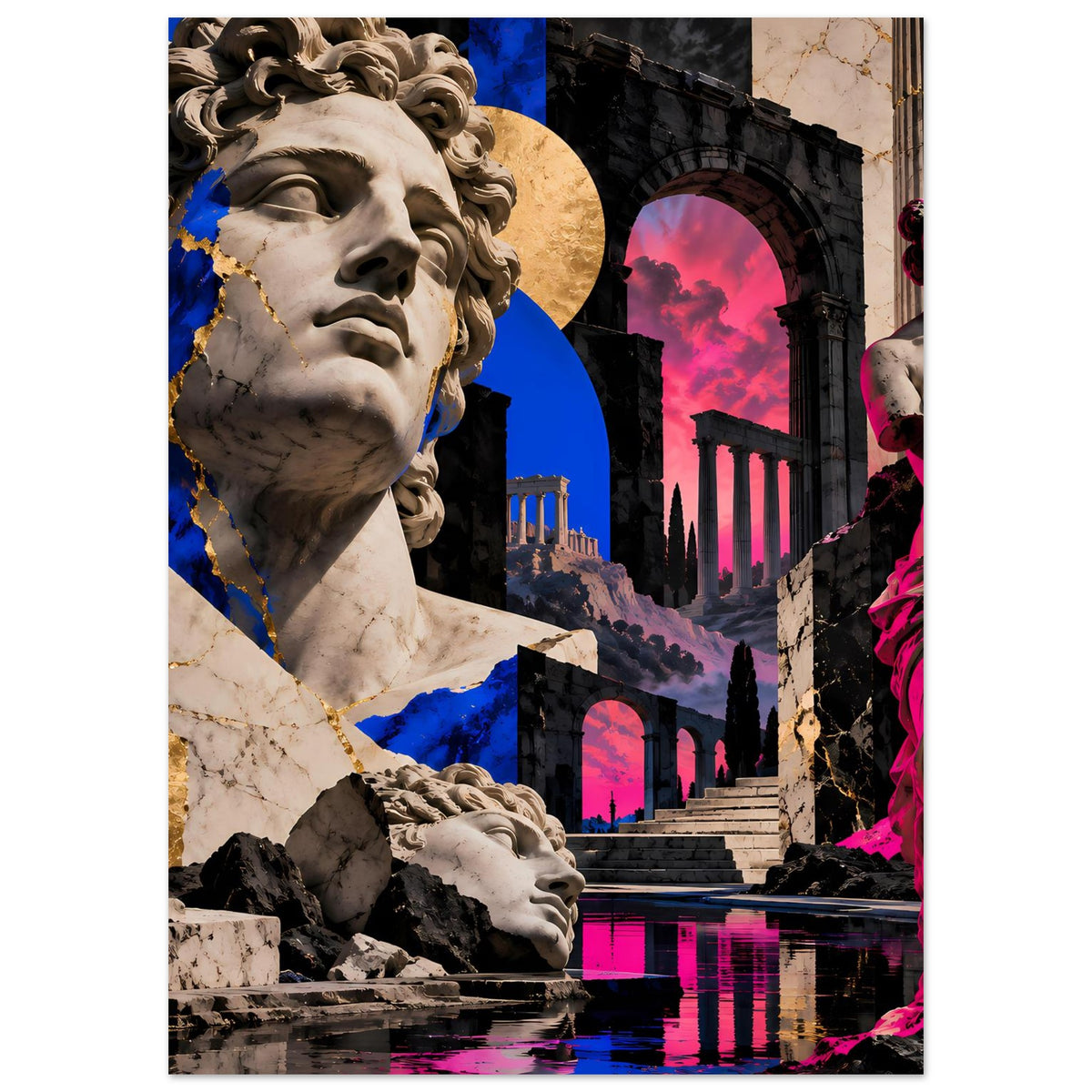 Kunstposter mit klassischer Statue, kräftige Blau- und Pinkflächen, Bogenarchitektur, Hochformat