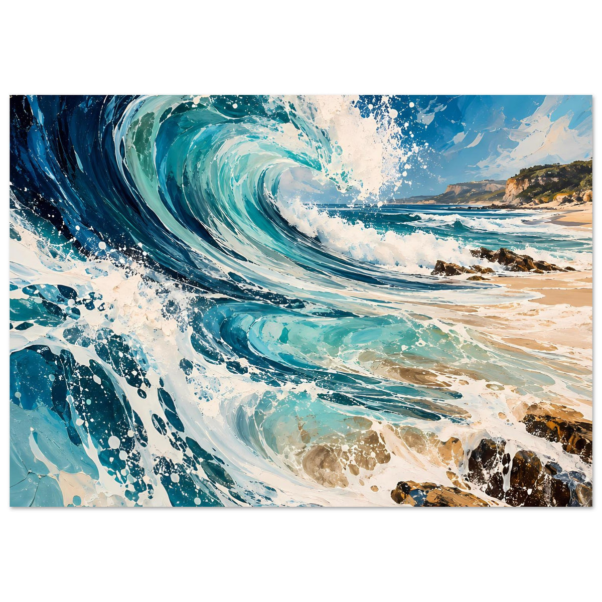 Meerwellen-Poster: dramatische blaue Welle mit weißem Schaum, Felsen und Küstenstrand