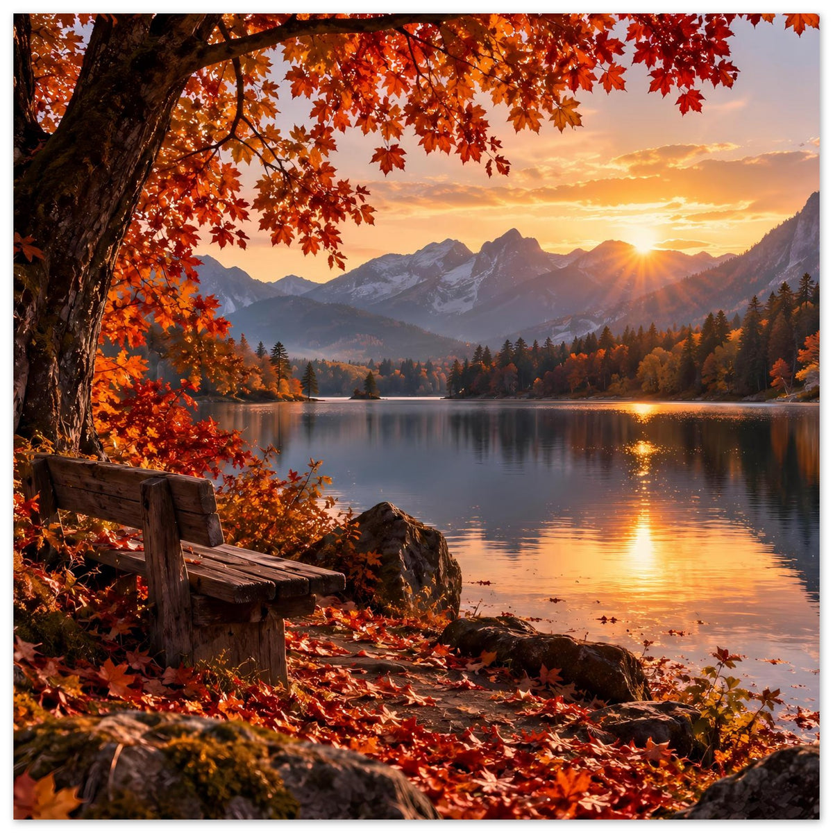 Herbstlandschaft-Poster: Ufer mit Holzbank, Felsen, rotem Laub und warmem Sonnenlicht