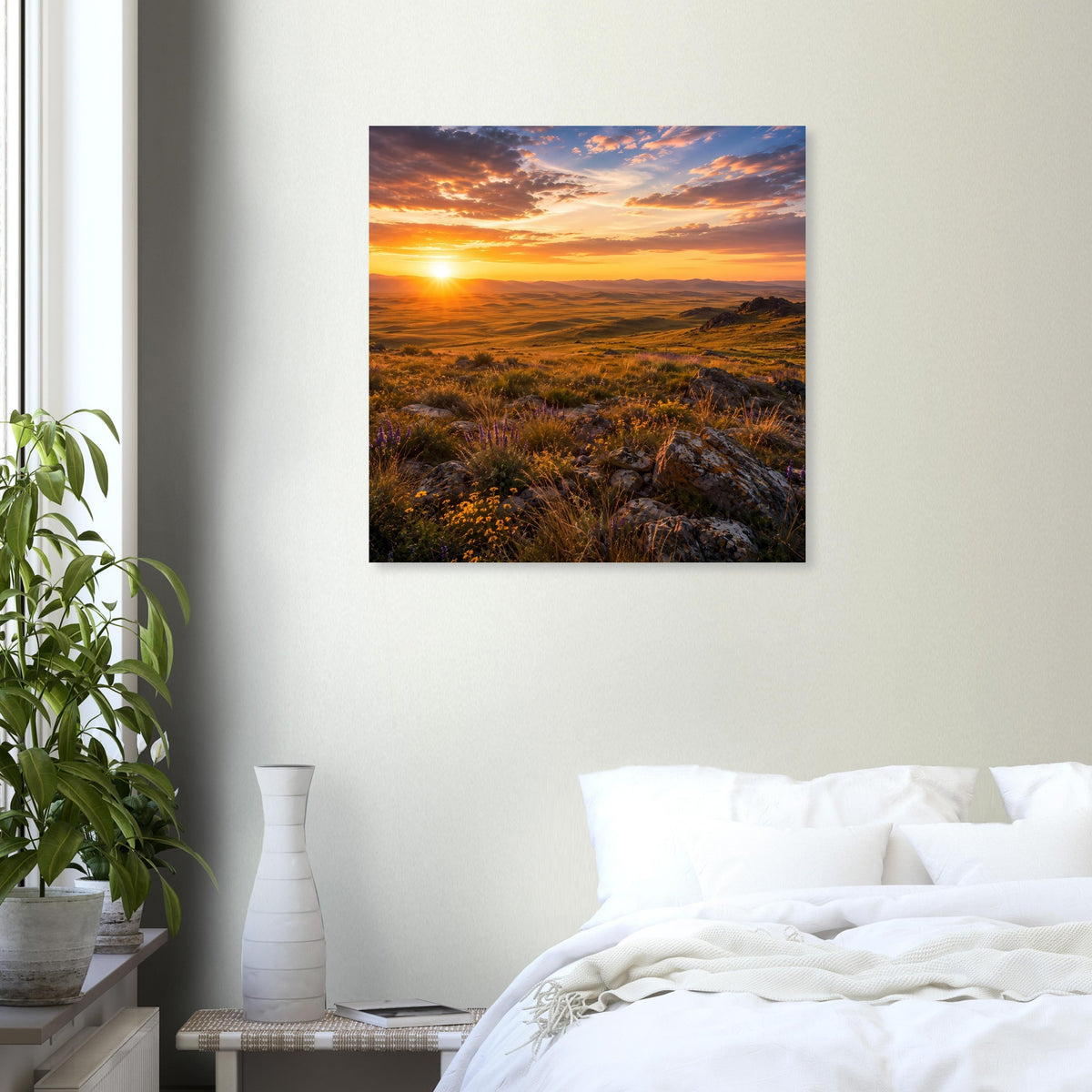 Poster mit Sonnenuntergang über Gras- und Dünenlandschaft, schwarz gerahmt