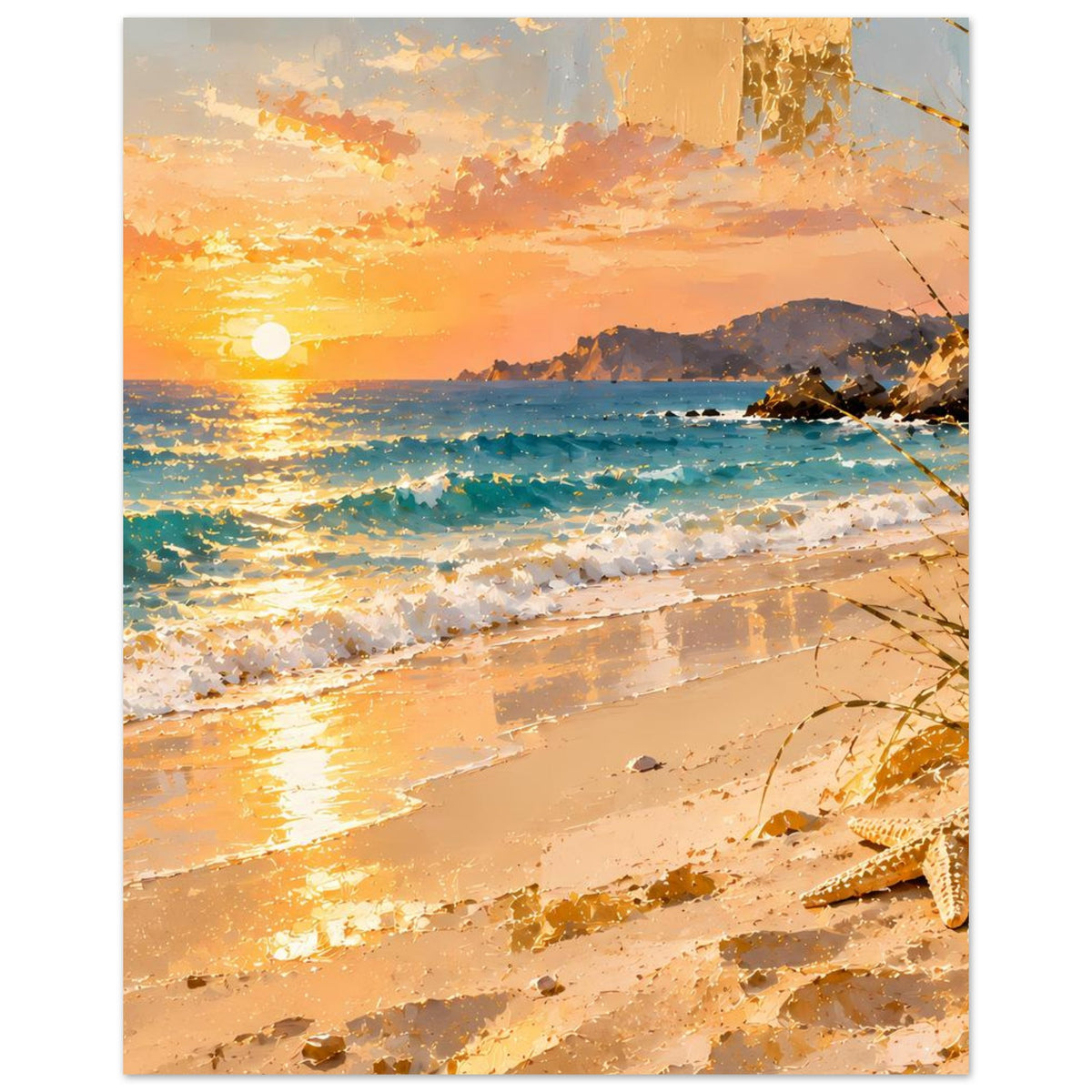 Hochformat-Poster mit Strandlandschaft, warmer Sonnenuntergangsfärbung und Ästen