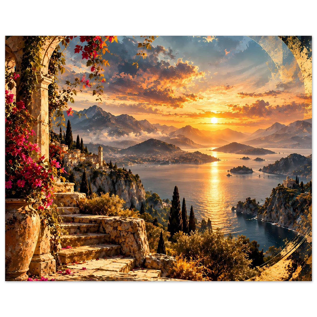 Küstenposter: goldener Sonnenuntergang über Meer, Berge, Steintreppe und Zypressen