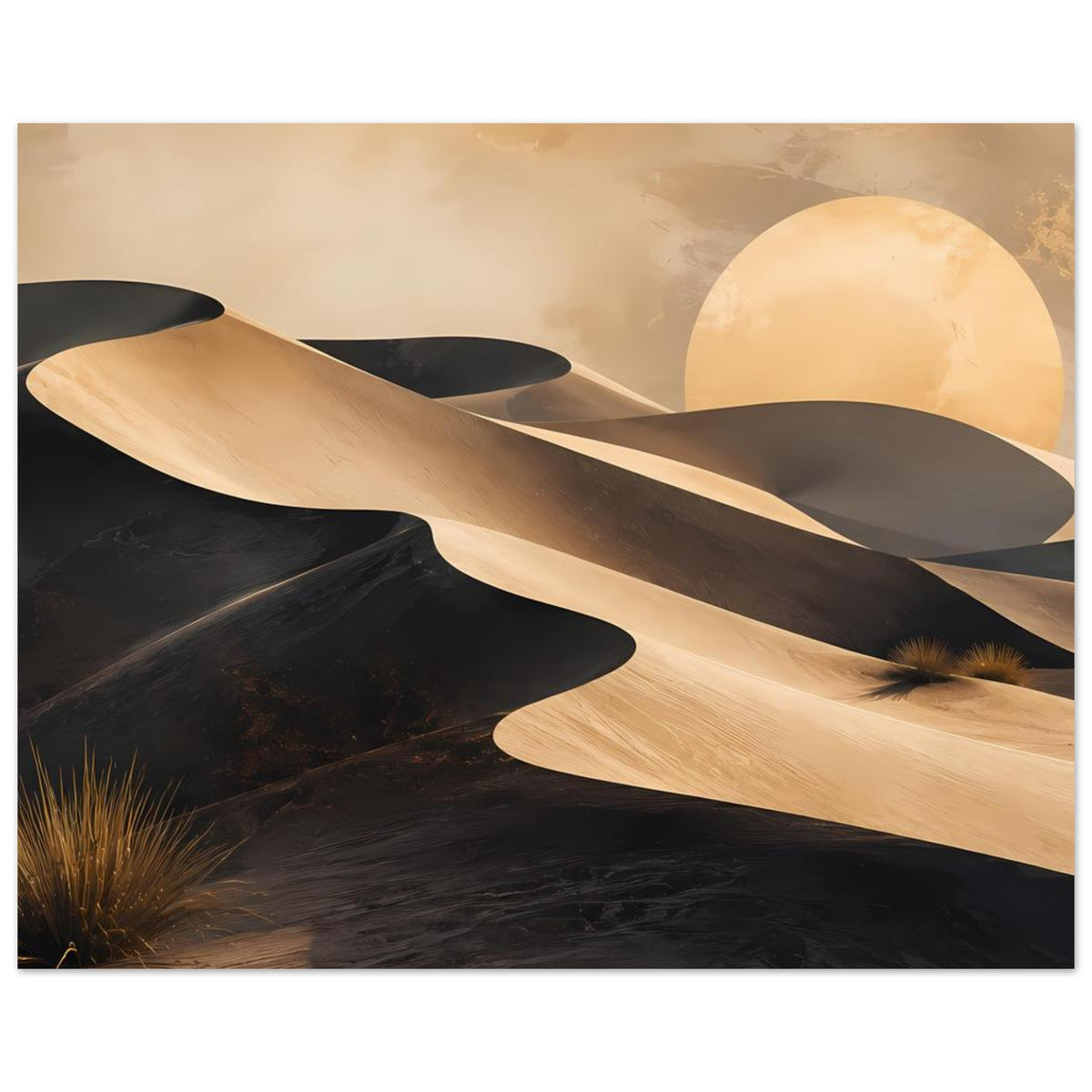 Wüstenposter im Querformat mit goldenen Dünen, hellem Mond und Wüstengras