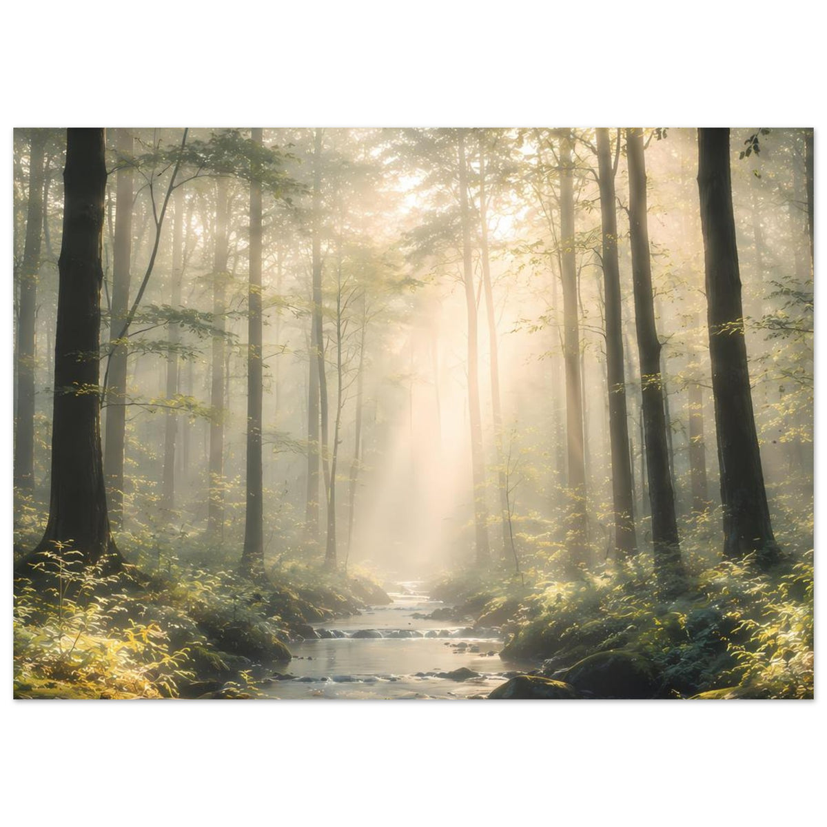 Naturposter Querformat: Bach durch den Wald, von Sonnenstrahlen erhellt