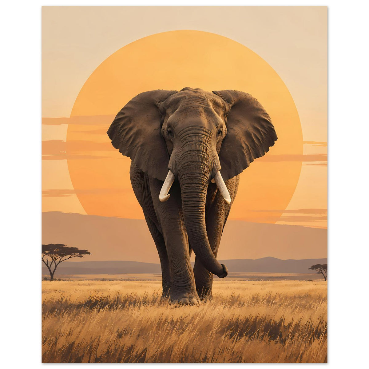 Vertikales Poster mit Elefant, orangefarbener Sonne und savannenartiger Landschaft