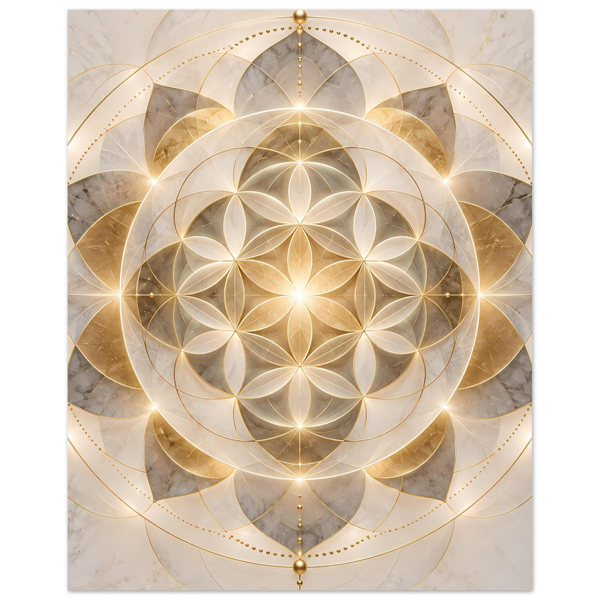 Poster mit goldenem Mandala-Ornament, doppelter Kreisstruktur und leuchtender Mitte