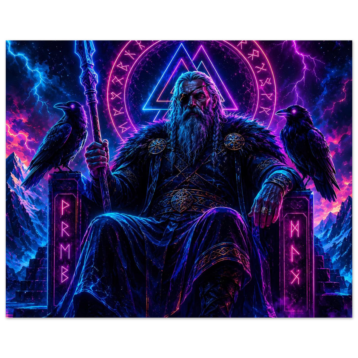 Fantasy-Poster im Querformat: Wikingerkönig mittig, leuchtende Runen im Dreieck, Raben seitlich