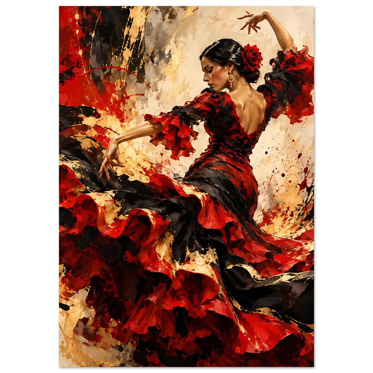 Poster: Flamenco-Tänzerin im roten und schwarzen Kleid mit erhobenem Arm, abstrakter Hintergrund
