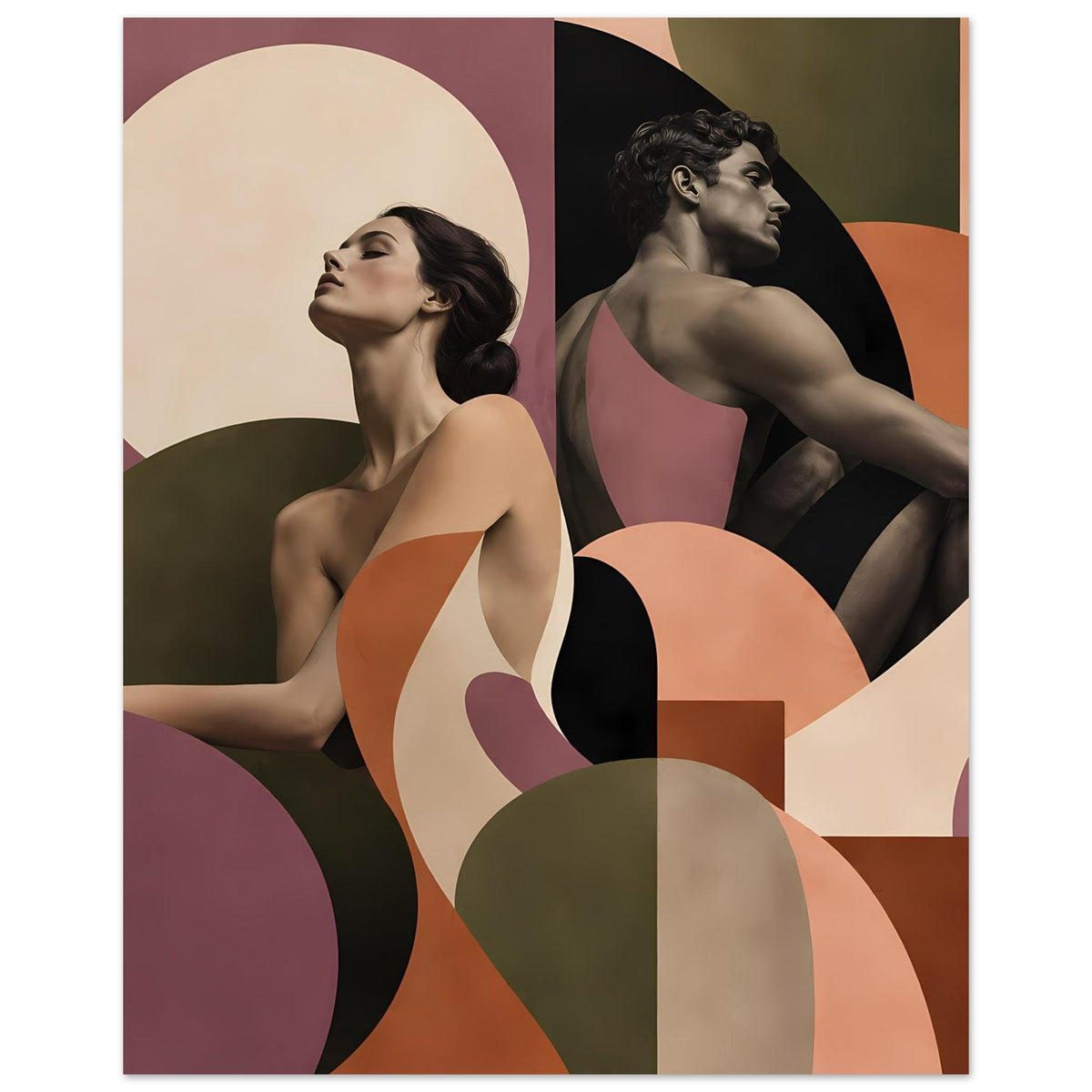 Figurenposter mit zwei Frauen in Profilansicht, abstrakt, Terrakotta/Mauve, große farbige Formen