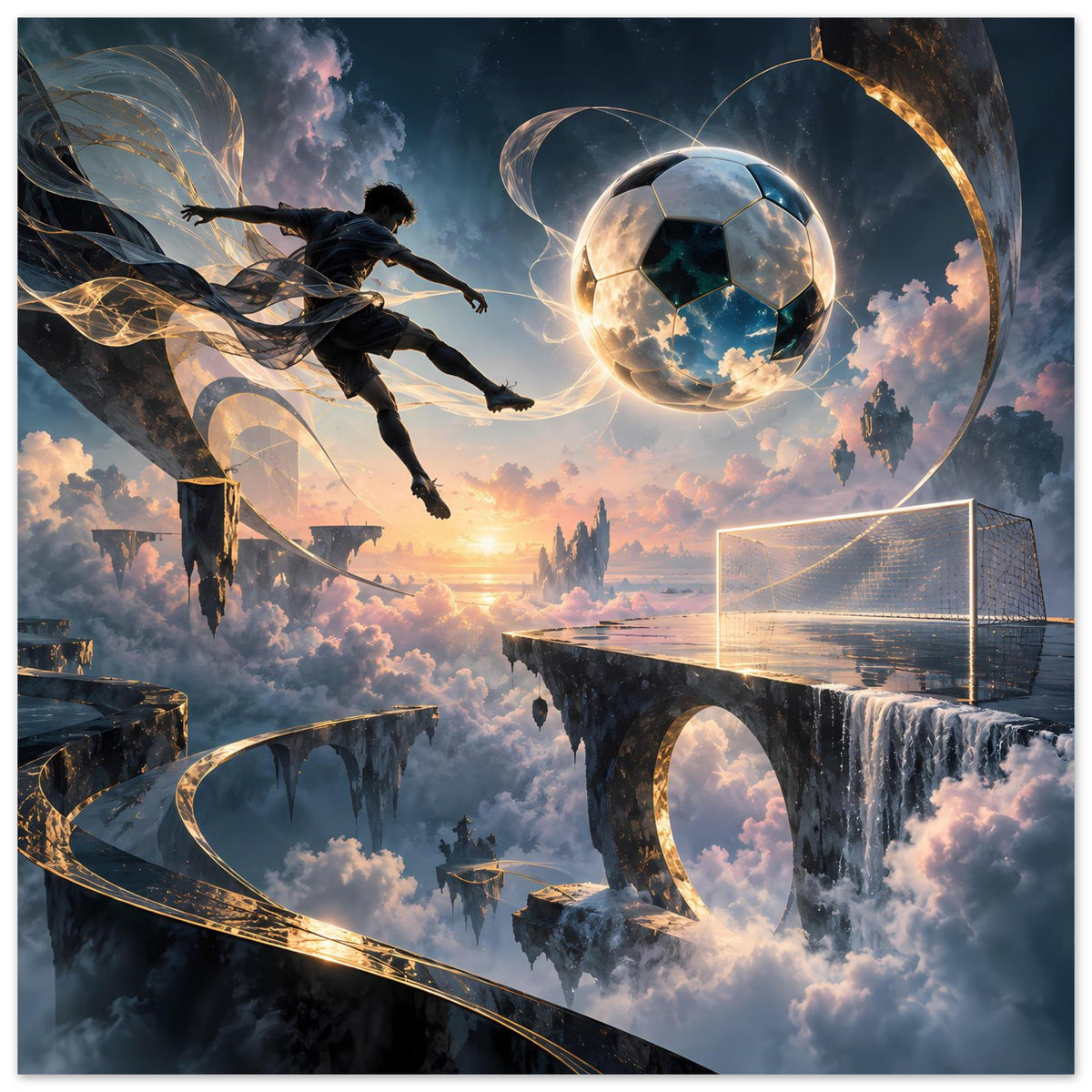 Poster mit schwebendem Fußballspieler, leuchtendem Ball und futuristischem Tor in Wolken
