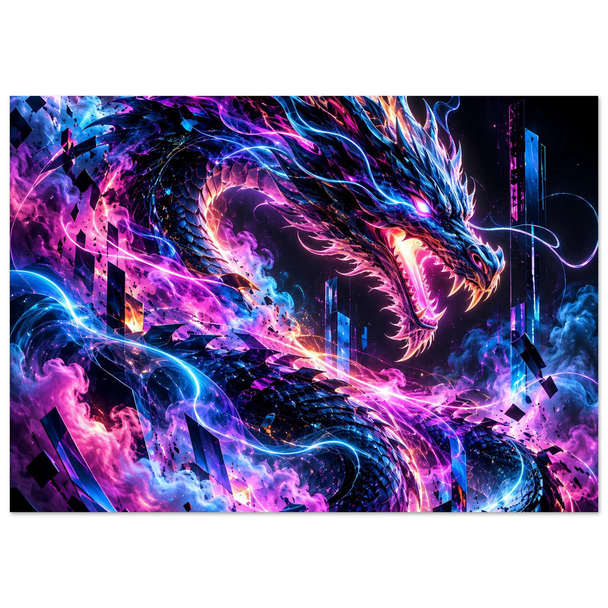 Neon-Cyberdrache-Poster im Querformat mit leuchtendem Drachen und Energieflammen