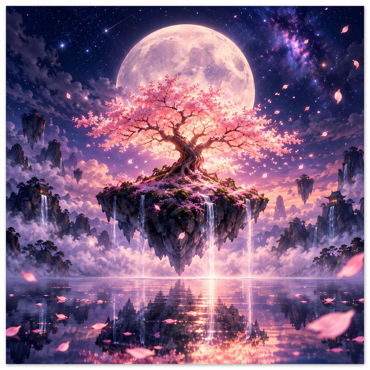 Quadratisches Poster mit Kirschblütenbaum auf schwebender Insel, Vollmond und Blüten