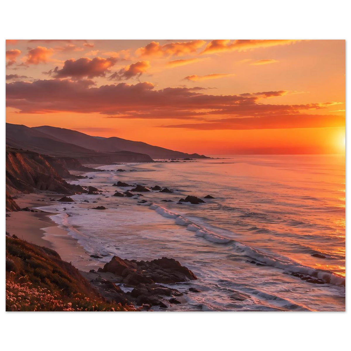 Horizontales Poster mit Strand und Wellen im warmen Orange-Sonnenuntergang