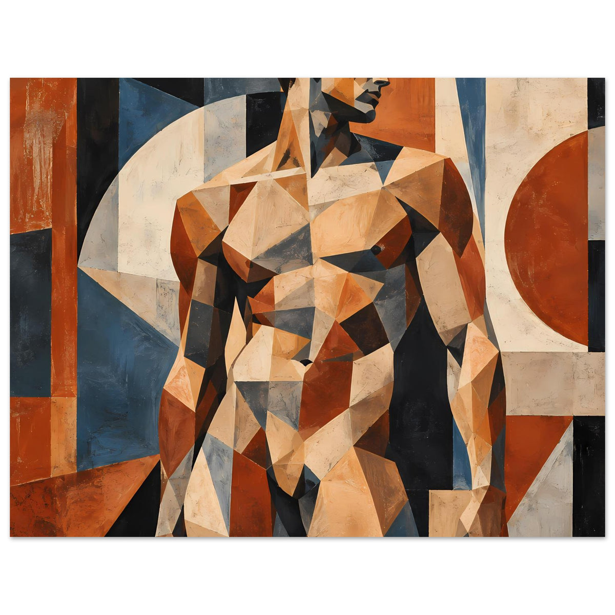 Poster mit geometrischer männlicher Aktfigur in warmen Erdtönen, horizontal, Oberkörper im Fokus