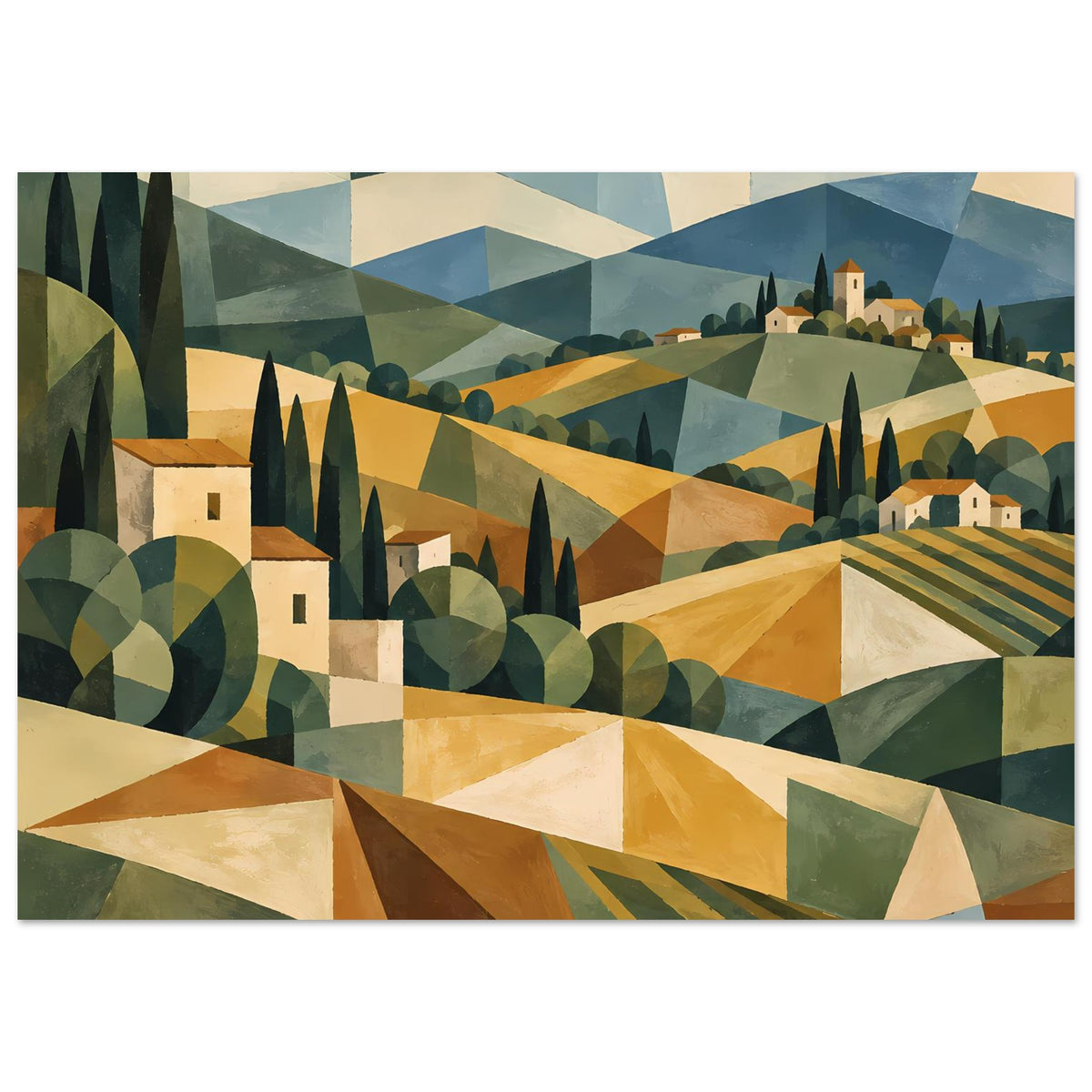 Geometrisches Landschafts-Poster mit Toskana-Dorf, Zypressen und warmen Erdtönen, Dreiecksoptik.