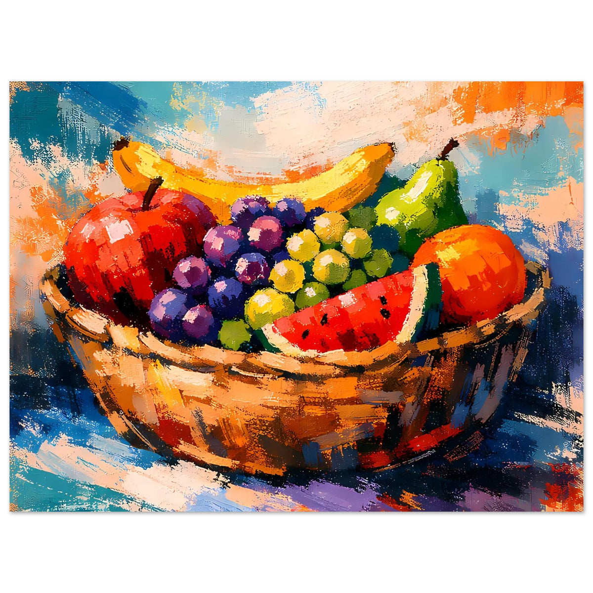 Poster der Obstschale in expressiver Malerei mit Wassermelone, Trauben und bunten Früchten