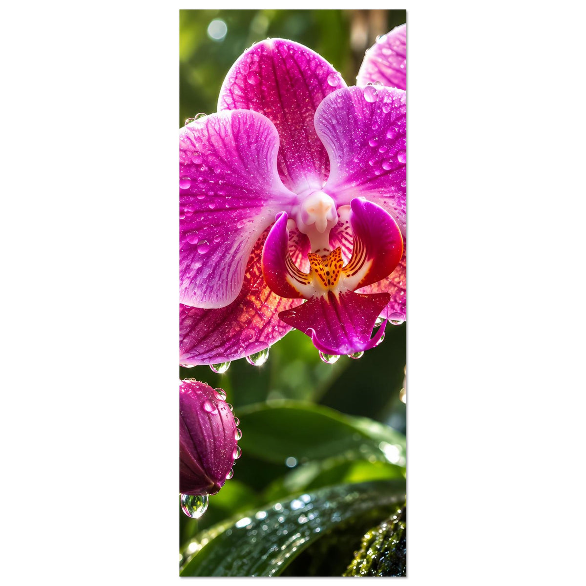 Vertikales Posterausschnitt: pinke Orchidee mit Wassertropfen auf Blütenblättern