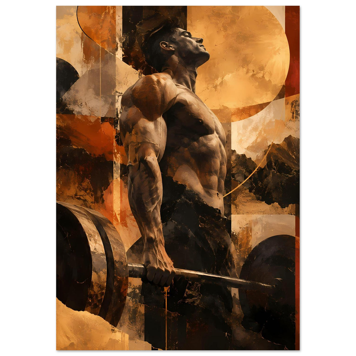 Fitness-Artposter vertikal mit muskulösem Hund, Schwert und abstrakten Formen in warm
