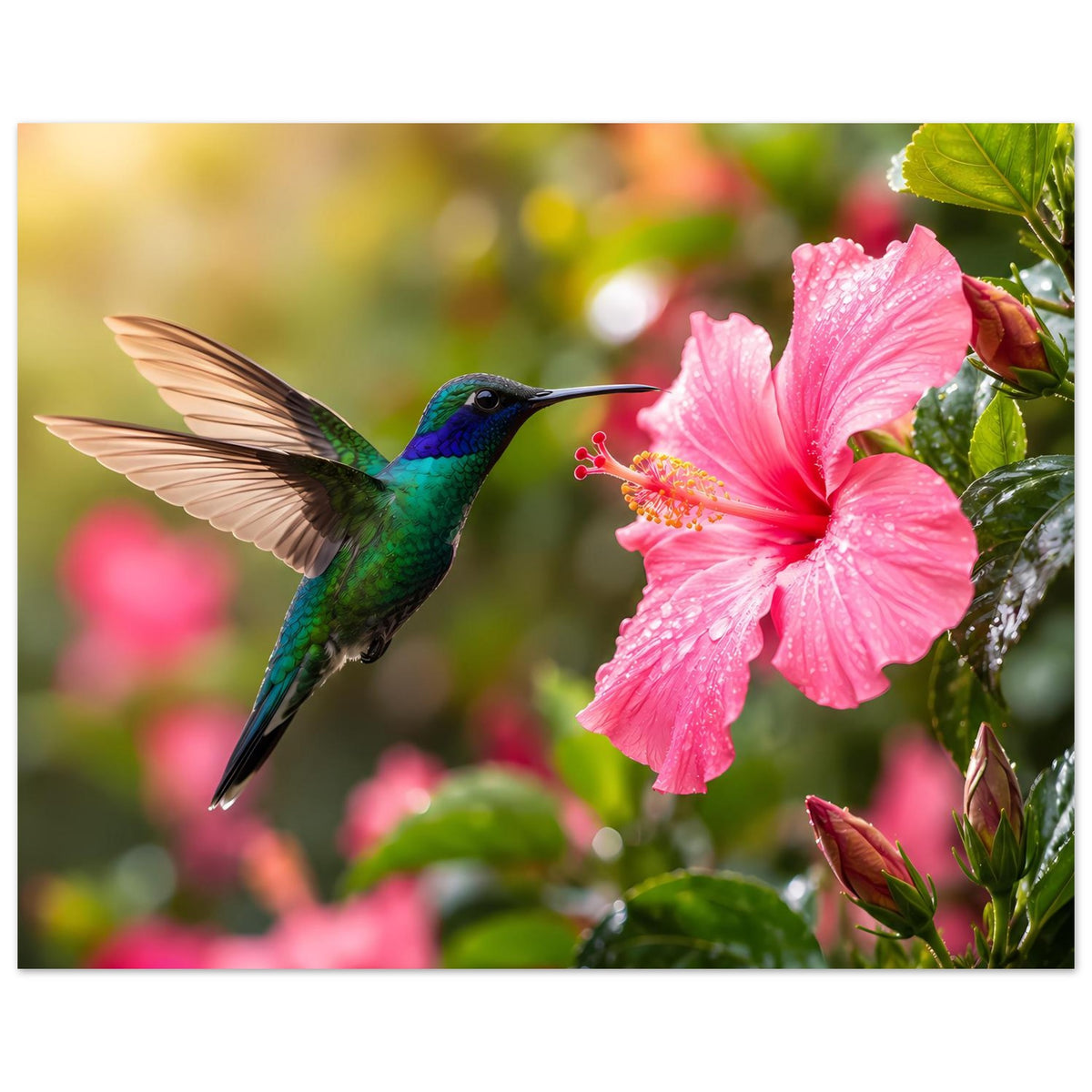 Naturposter: Kolibri und rosafarbene Hibiskusblüte auf einem belaubten Zweig