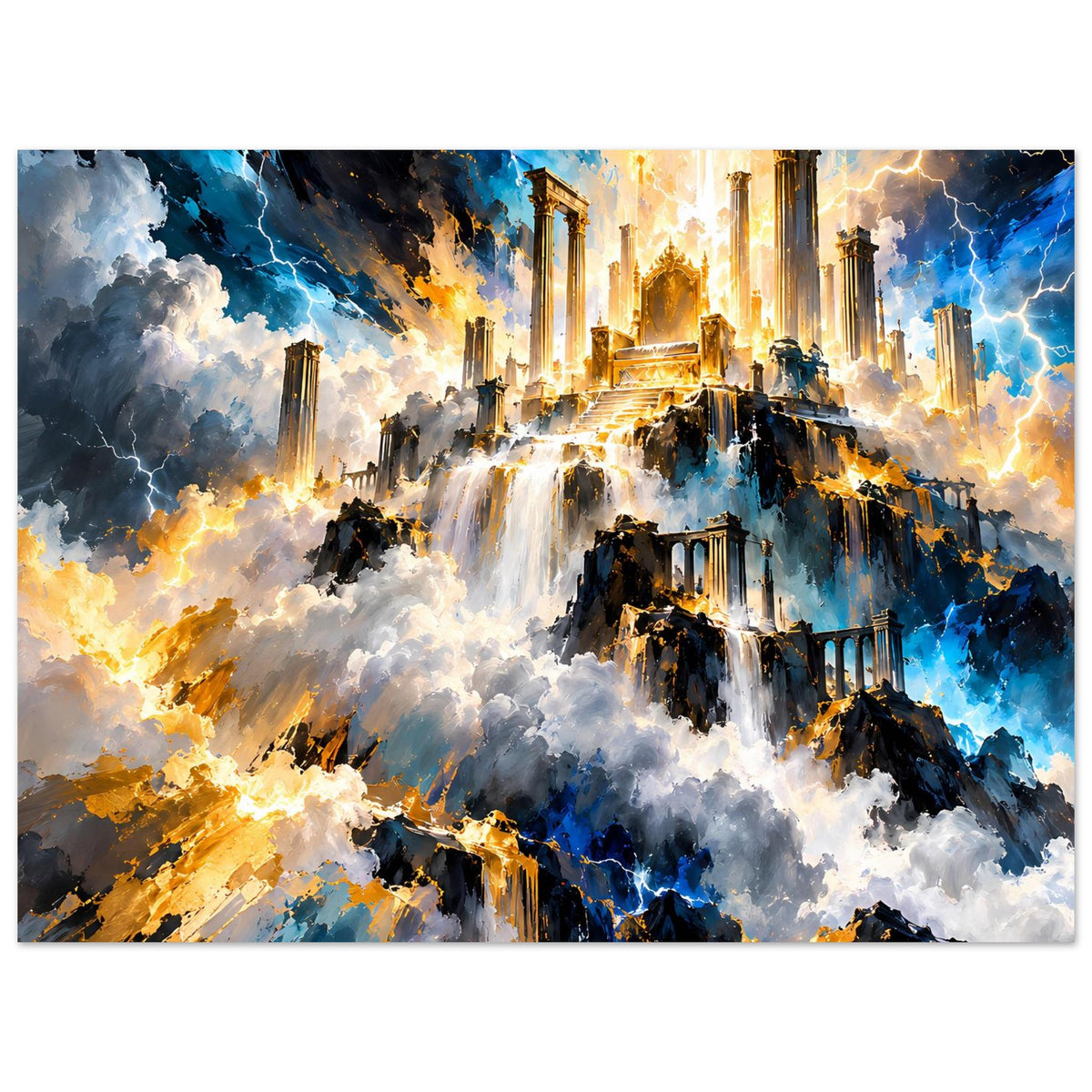 Fantasy-Poster quer: Leuchtende Säulen über Wasserfällen, blaue Felsen, goldene Akzente und Wolken