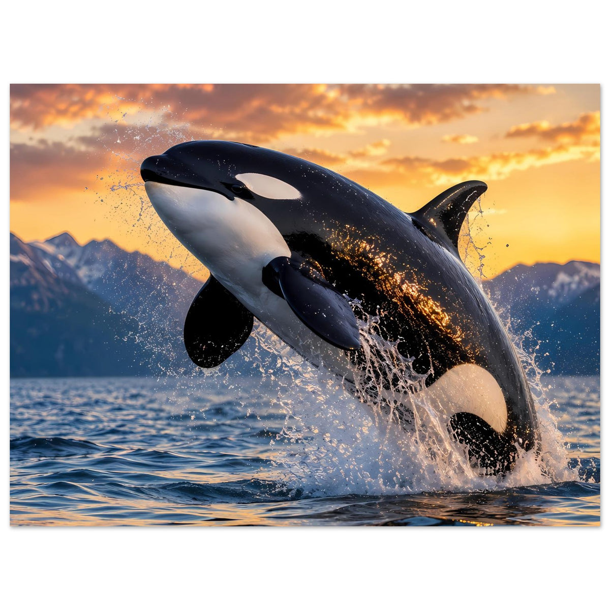 Poster im Querformat mit schwarzem Orca, der aus dem Meer springt, mit Spritzwasser