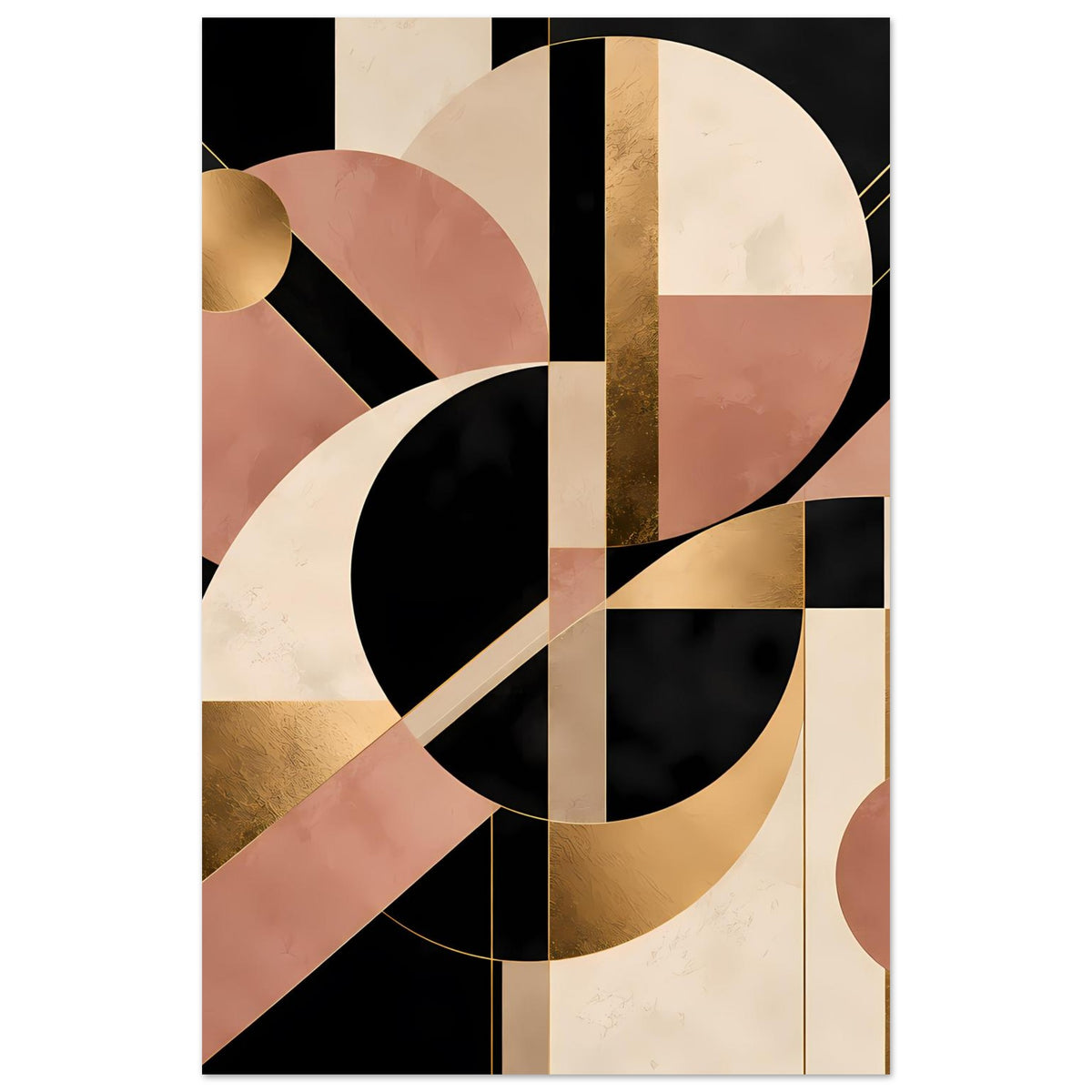 Art-Deco-Poster: geometrische Kreise und Diagonalen mit Goldakzenten in Schwarz, Blush und Creme