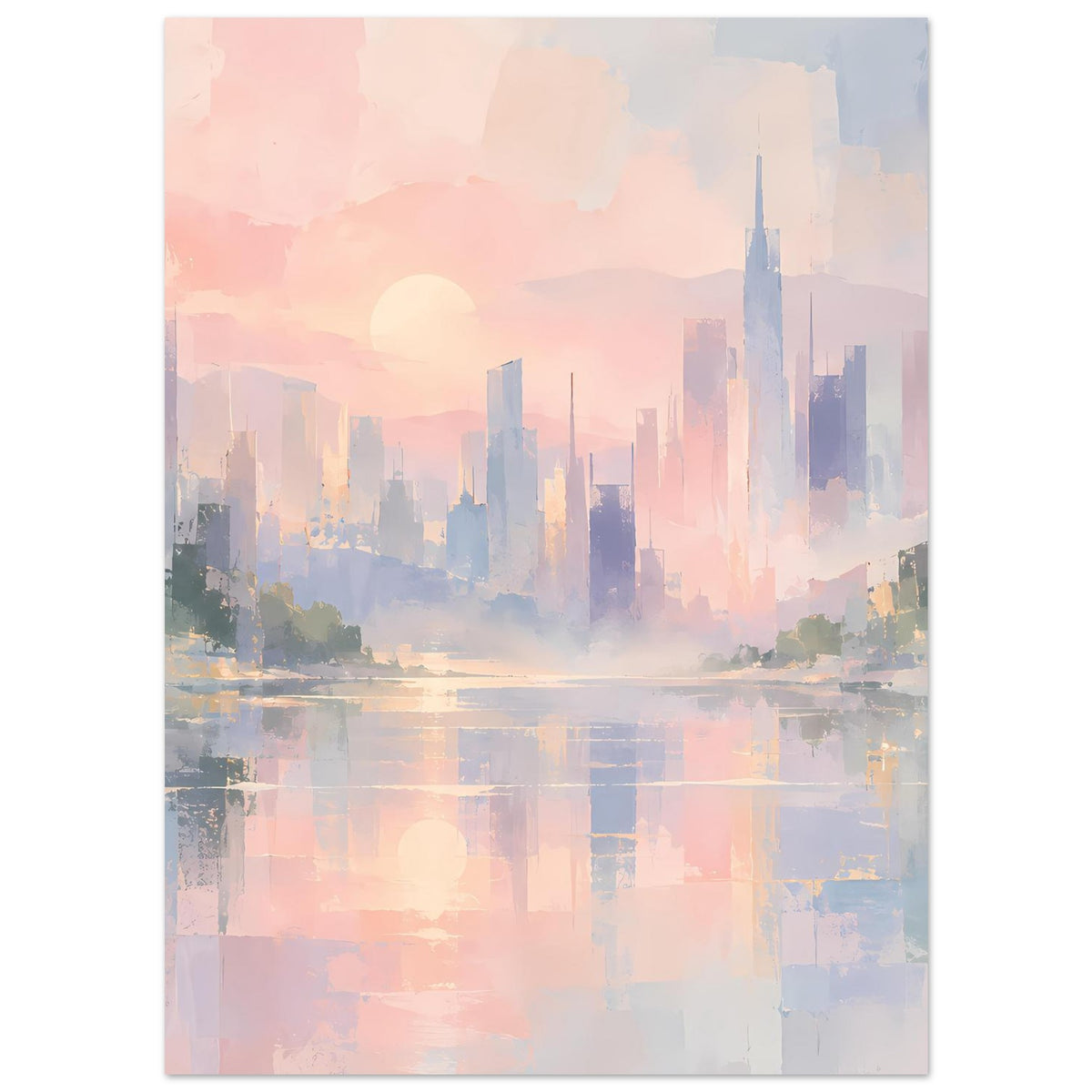 Abstraktes Poster mit pastellfarbener Skyline, Sonne und Wasserreflexion, hochformat