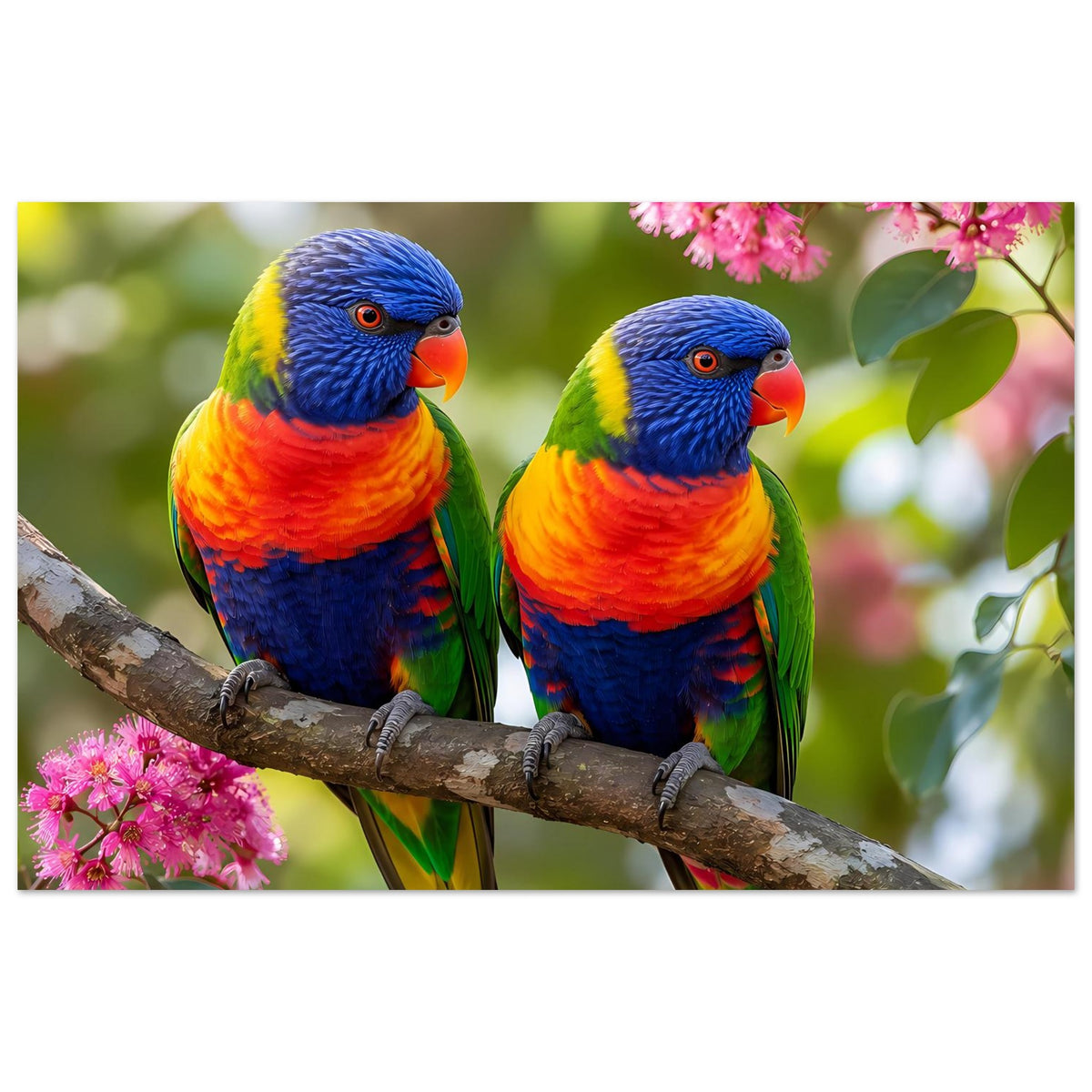 Poster mit zwei Regenbogenlorikeets auf Ast, blau-oranges Gefieder und rosa Blüten.