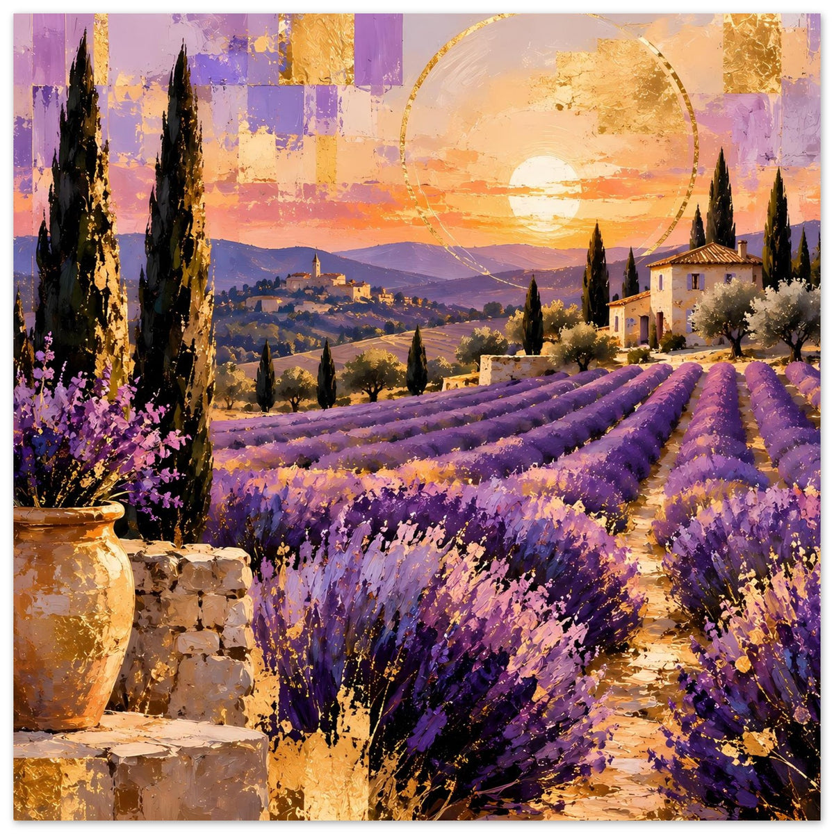 Poster mit lila Lavendelfeldern, Abendsonne im Kreis, Haus rechts und Flaschen links