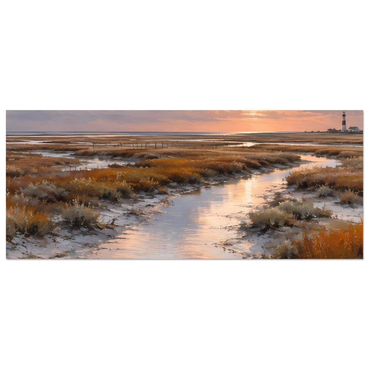 Querformat-Poster mit Fluss durch Sanddünen und Leuchtturm am Horizont
