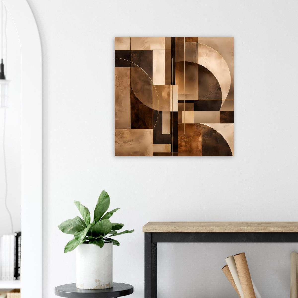Abstraktes Poster in warmen Erdtönen, quadratisches Design aus Rechtecken und Halbkreisen.