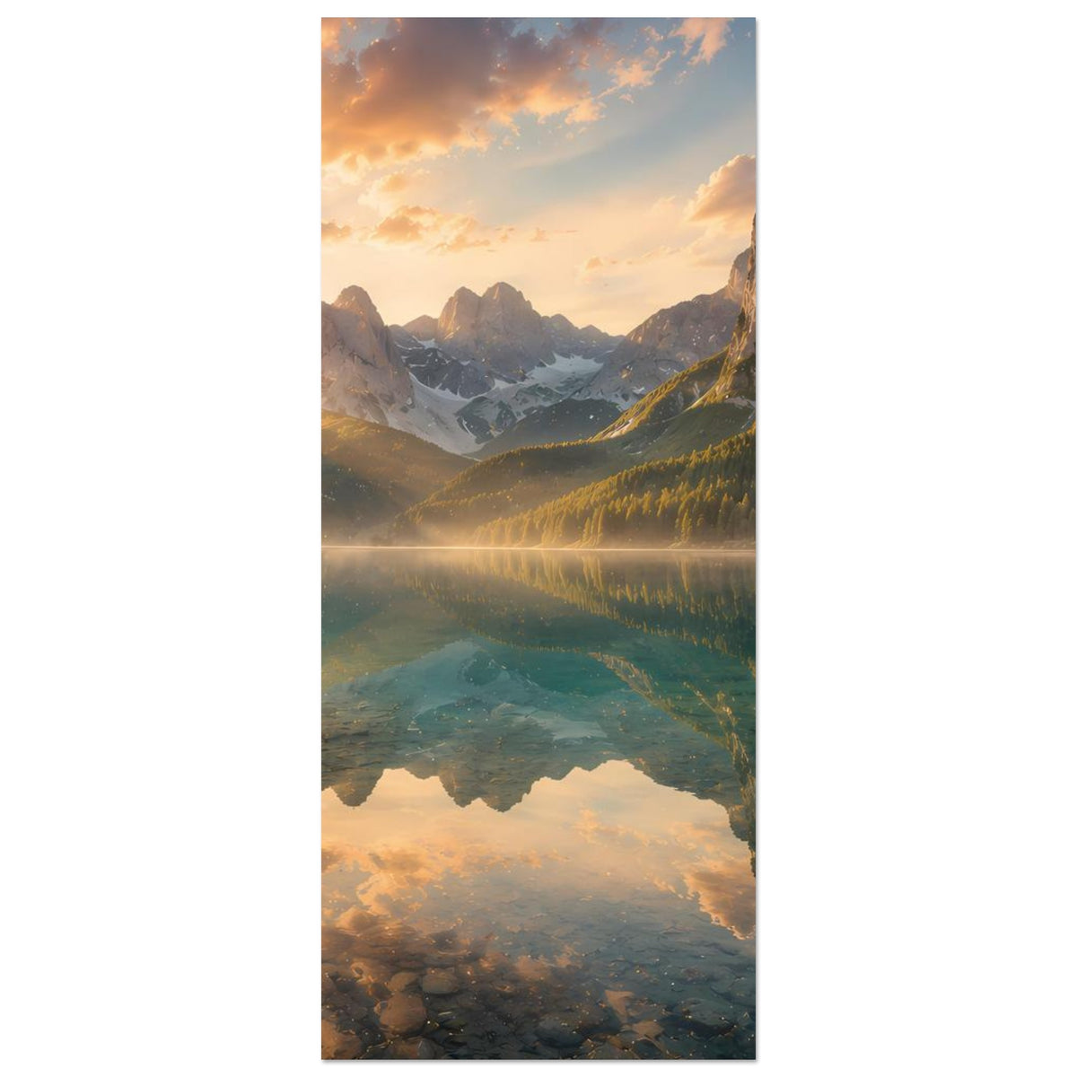 Poster im Hochformat mit Bergsee-Landschaft, Sonnenaufgang und Reflexion im Wasser