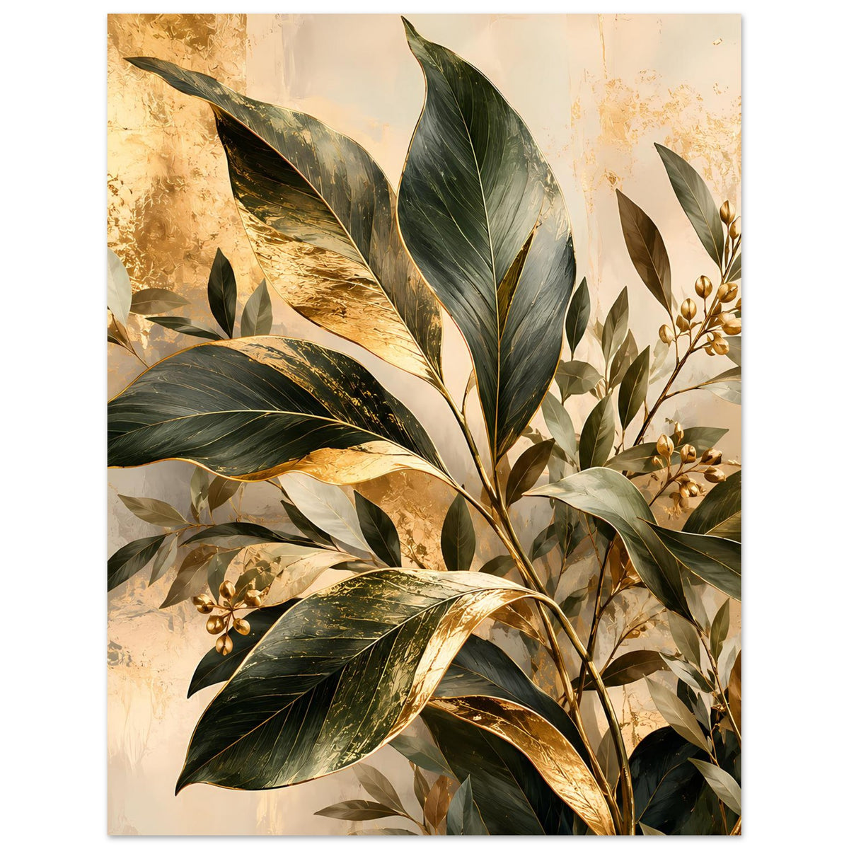 Poster im Hochformat, botanische Blätter in Grün mit gold schimmernden Details