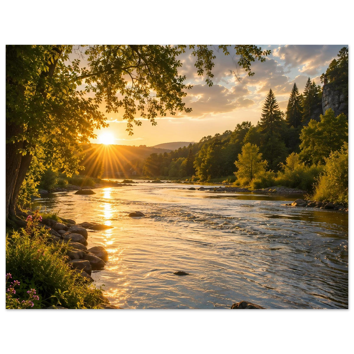 Landschaftsposter, horizontal: Fluss bei Sonnenuntergang, warme Sonne, Waldkulisse und goldene Spiegelungen