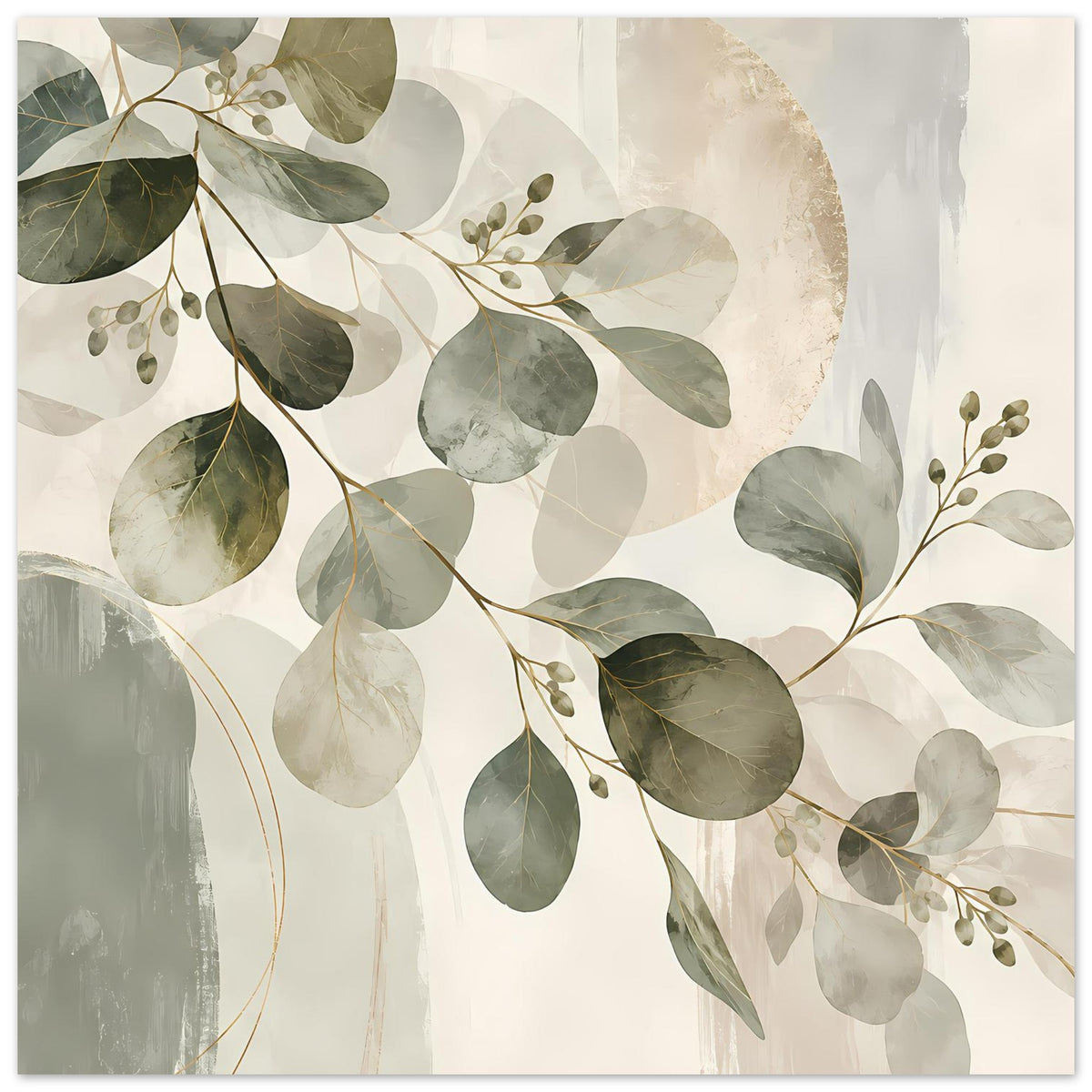 Botanisches Kunstposter mit Blattzweigen und Blattflächen in Grün-, Grau- und Erdtönen